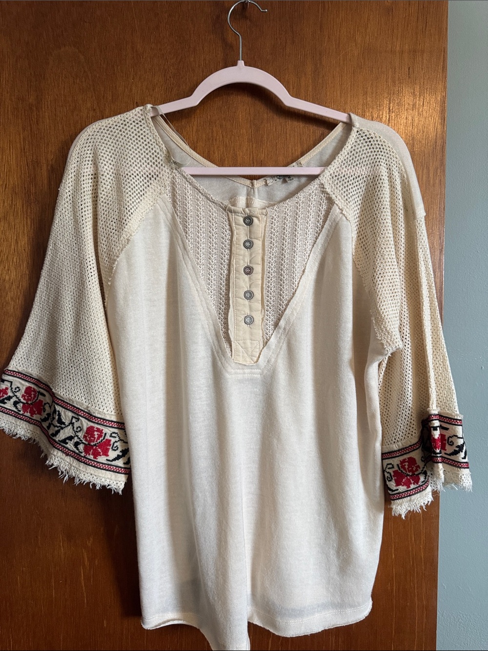 gimmicks by BKE Cream Henley Tunic with Red & Black Embroidered Cuffs